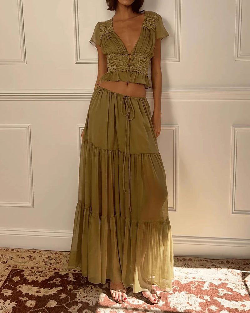 Waverly Green Lace-Trimmed Crop Top & Tiered Maxi Skirt Two-Piece Set