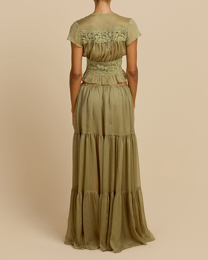 Waverly Green Lace-Trimmed Crop Top & Tiered Maxi Skirt Two-Piece Set