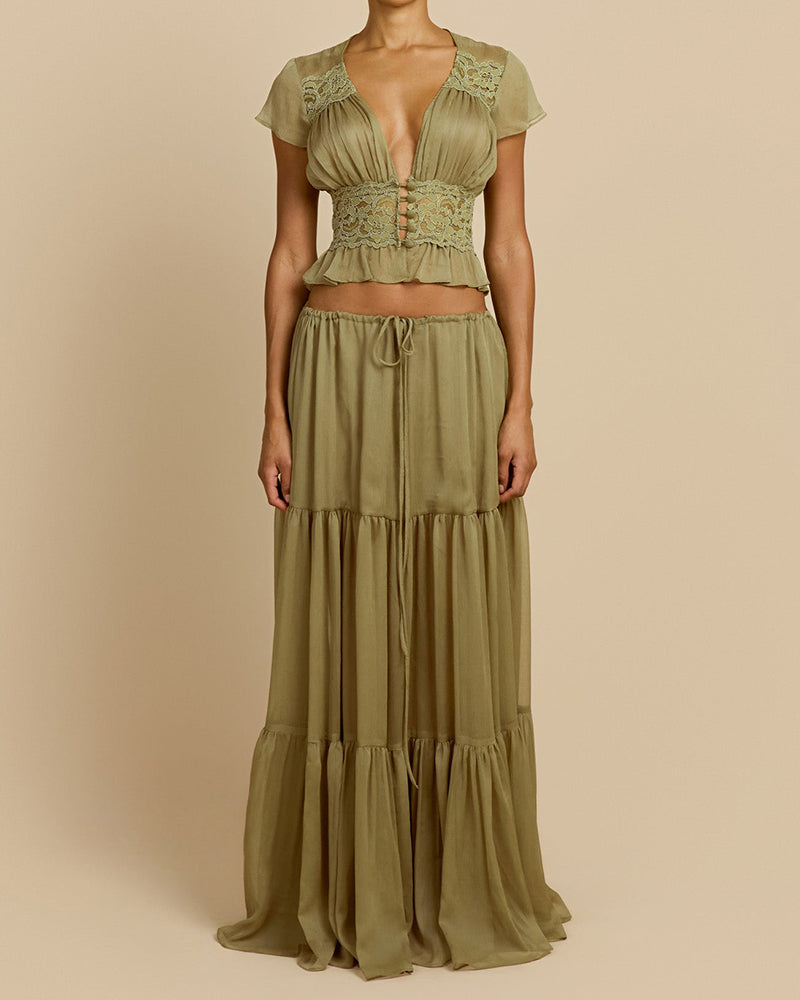 Waverly Green Lace-Trimmed Crop Top & Tiered Maxi Skirt Two-Piece Set