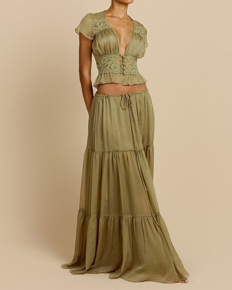 Waverly Green Lace-Trimmed Crop Top & Tiered Maxi Skirt Two-Piece Set