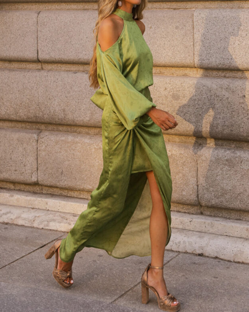 Yvette Green Cold-Shoulder Satin Top and Twist Maxi Skirt Two-Piece Set