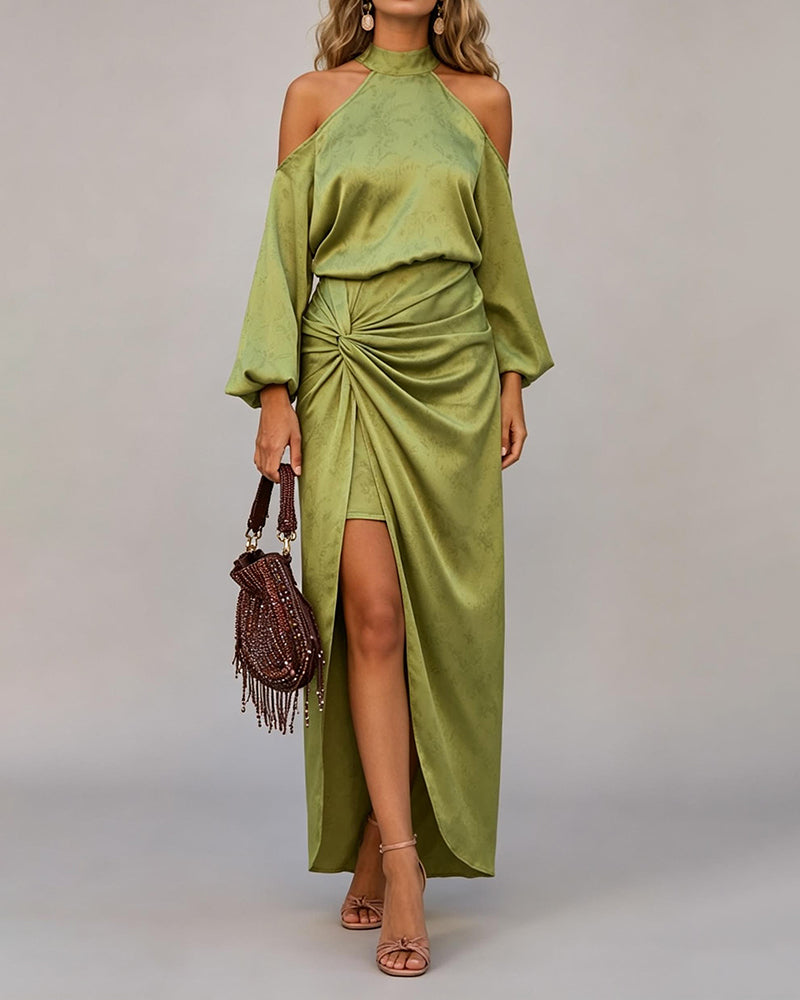 Yvette Green Cold-Shoulder Satin Top and Twist Maxi Skirt Two-Piece Set