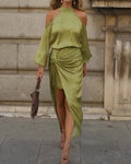 Yvette Green Cold-Shoulder Satin Top and Twist Maxi Skirt Two-Piece Set