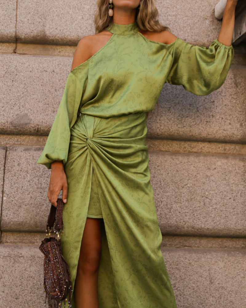 Yvette Green Cold-Shoulder Satin Top and Twist Maxi Skirt Two-Piece Set