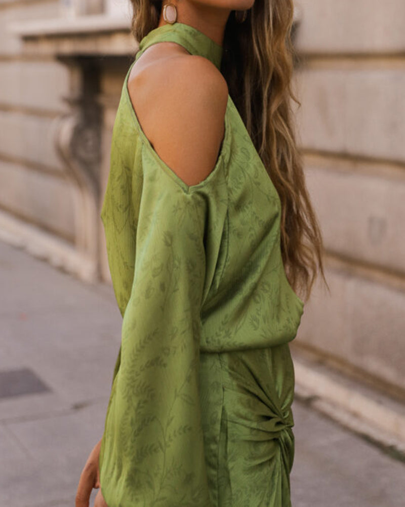 Yvette Green Cold-Shoulder Satin Top and Twist Maxi Skirt Two-Piece Set