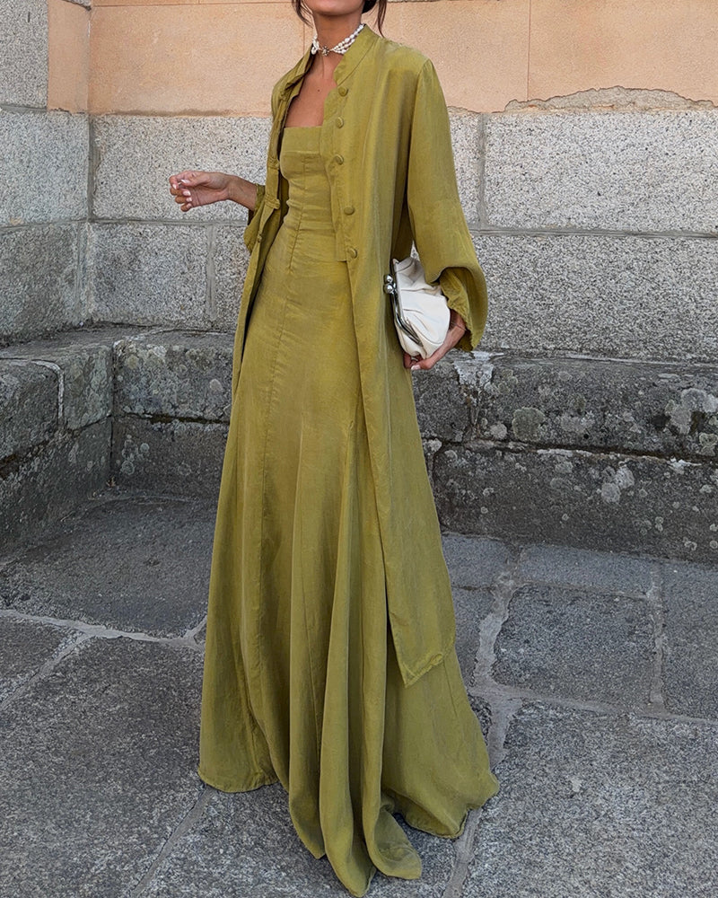 Tessa Green Structured Gown and Mandarin Collar Robe Two-Piece Set