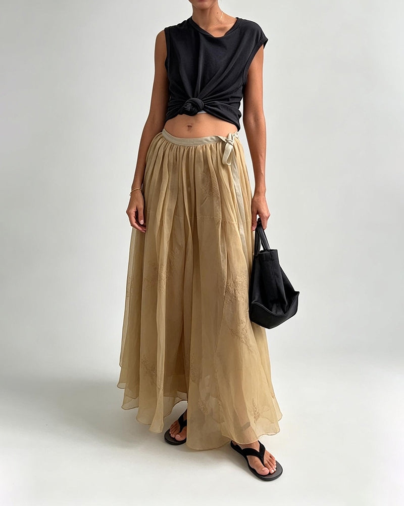 Valentina Khaki Knotted Sleeveless Top and Chiffon Maxi Skirt Two-Piece Set