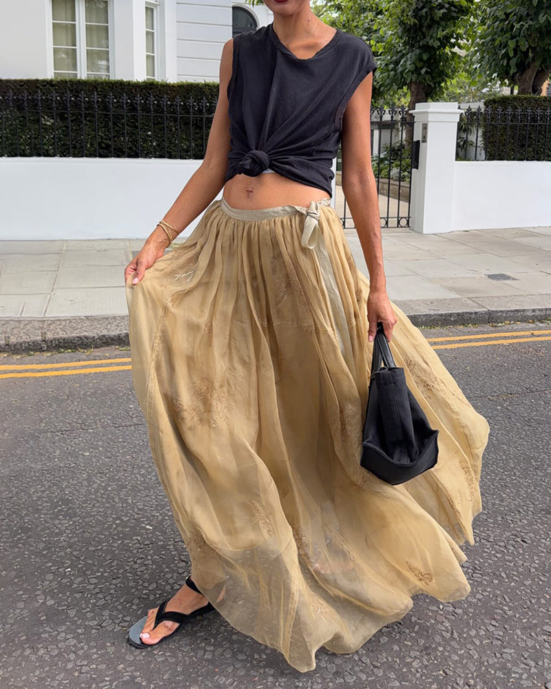 Valentina Khaki Knotted Sleeveless Top and Chiffon Maxi Skirt Two-Piece Set