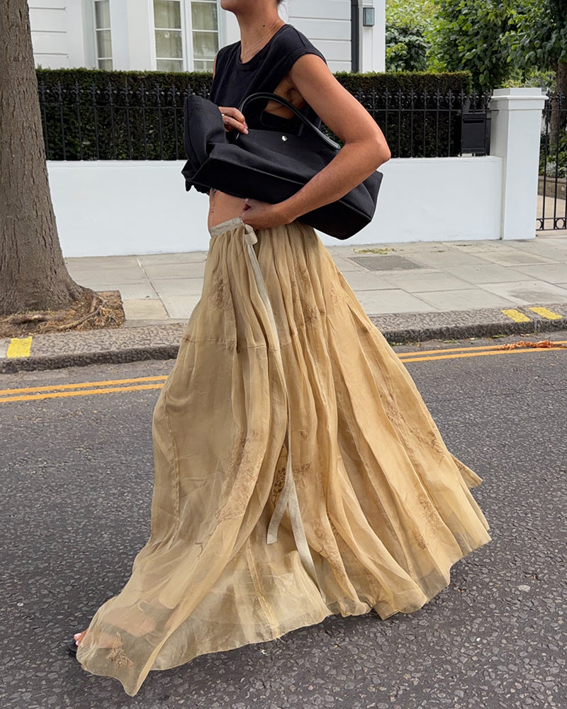 Valentina Khaki Knotted Sleeveless Top and Chiffon Maxi Skirt Two-Piece Set