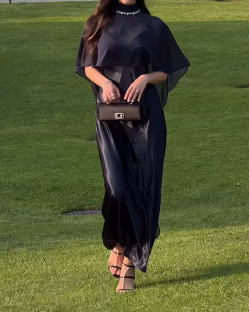 Celine Navy Blue Chiffon Capelet and Satin Slip Dress Two-Piece Set