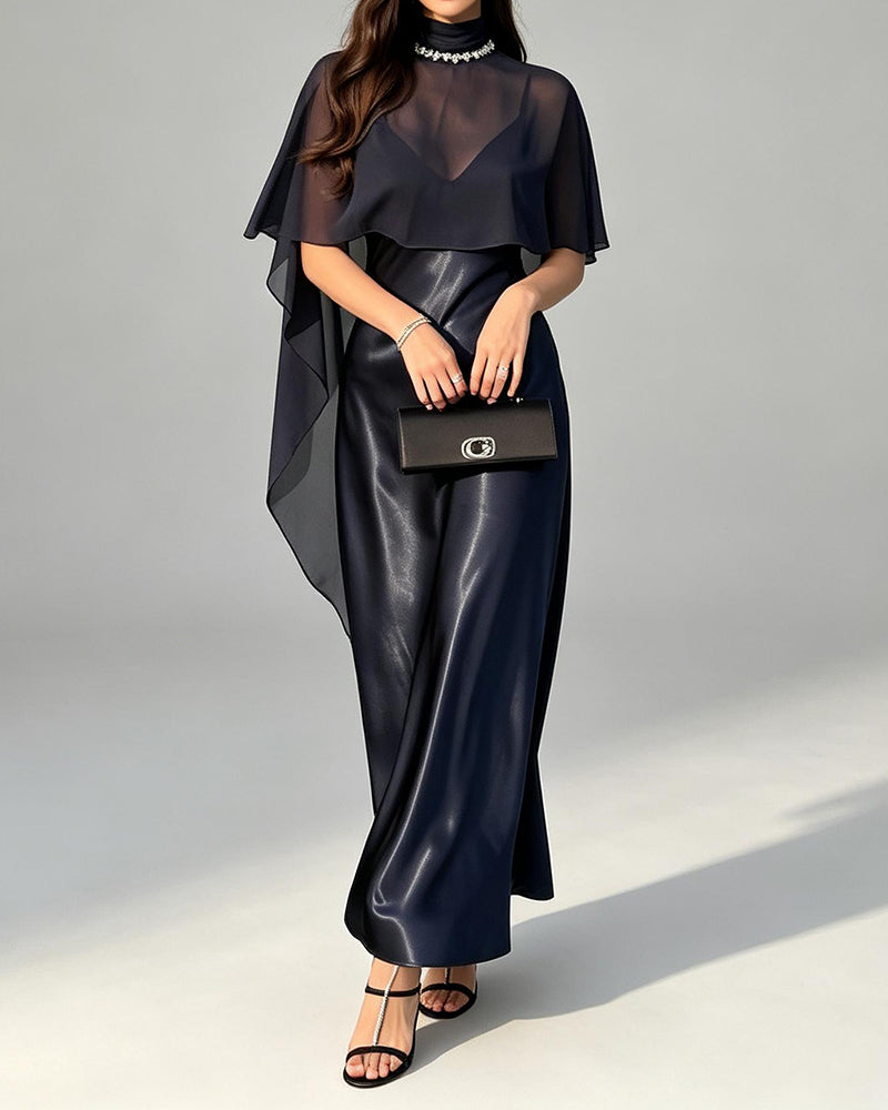 Celine Navy Blue Chiffon Capelet and Satin Slip Dress Two-Piece Set