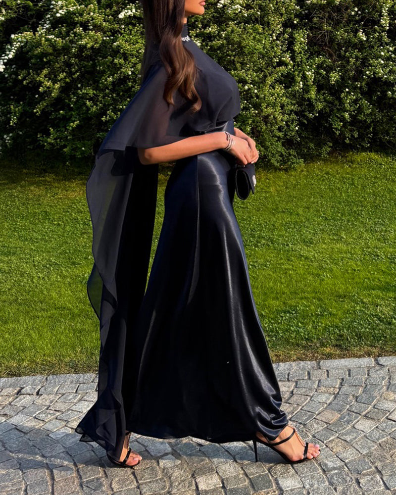 Celine Navy Blue Chiffon Capelet and Satin Slip Dress Two-Piece Set