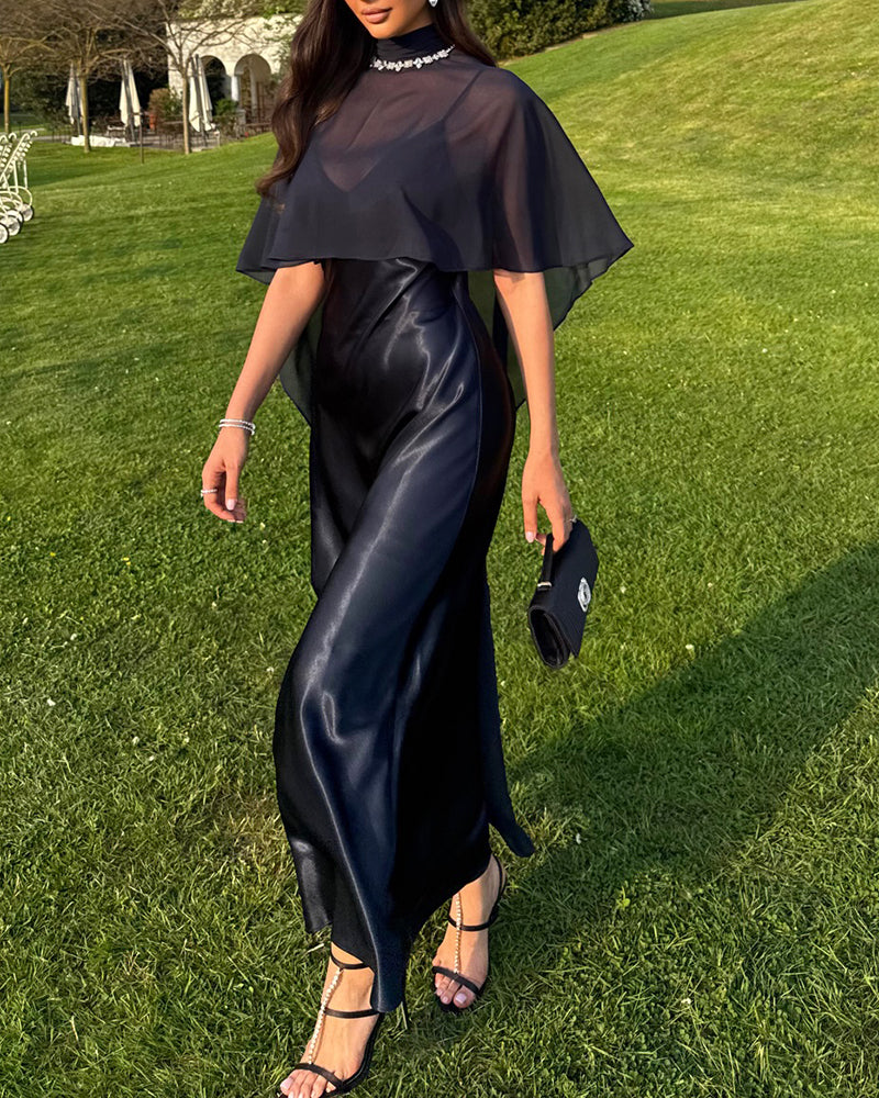 Celine Navy Blue Chiffon Capelet and Satin Slip Dress Two-Piece Set