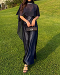 Celine Navy Blue Chiffon Capelet and Satin Slip Dress Two-Piece Set