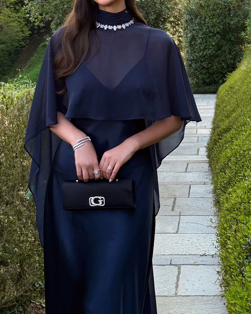 Celine Navy Blue Chiffon Capelet and Satin Slip Dress Two-Piece Set