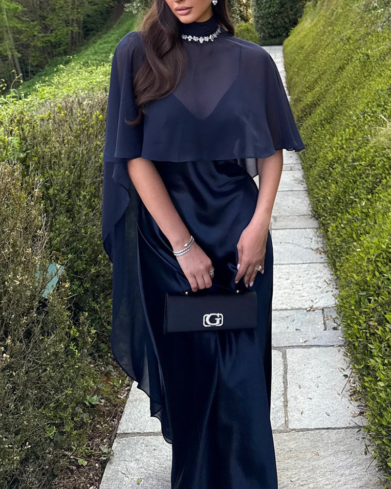 Celine Navy Blue Chiffon Capelet and Satin Slip Dress Two-Piece Set