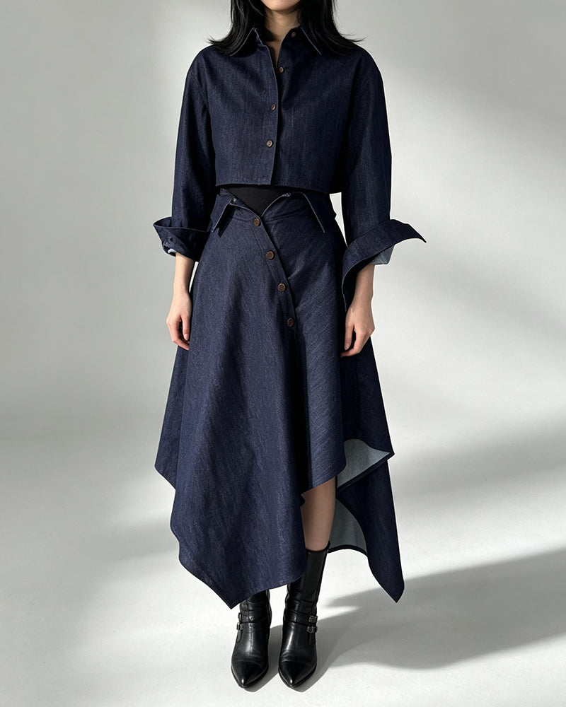 Madeline Navy Blue Cropped Top and Asymmetrical Midi Skirt Two-Piece Set