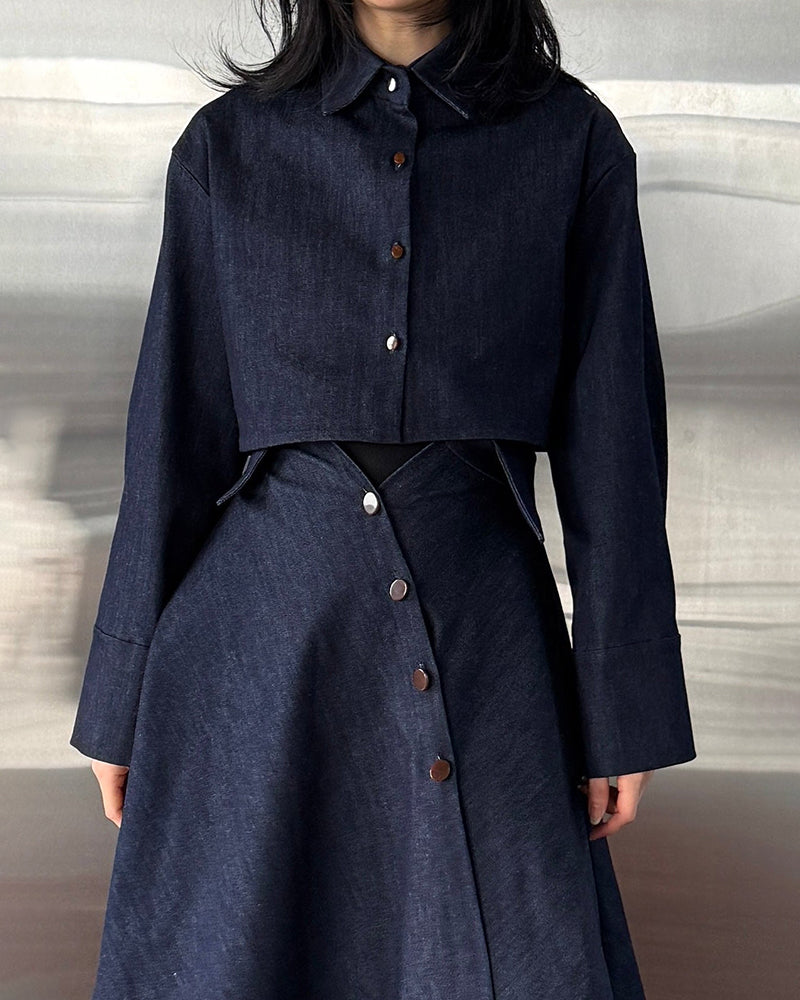 Madeline Navy Blue Cropped Top and Asymmetrical Midi Skirt Two-Piece Set