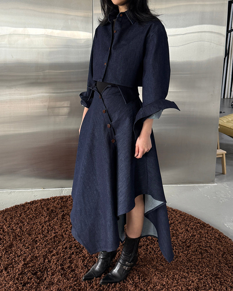 Madeline Navy Blue Cropped Top and Asymmetrical Midi Skirt Two-Piece Set