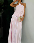 Nayeli Pink Scalloped Contrast-Trim Halter Two-Piece Maxi Skirt Set