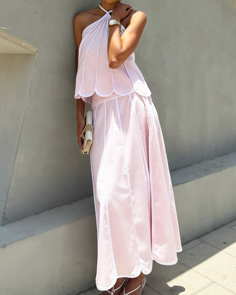 Nayeli Pink Scalloped Contrast-Trim Halter Two-Piece Maxi Skirt Set