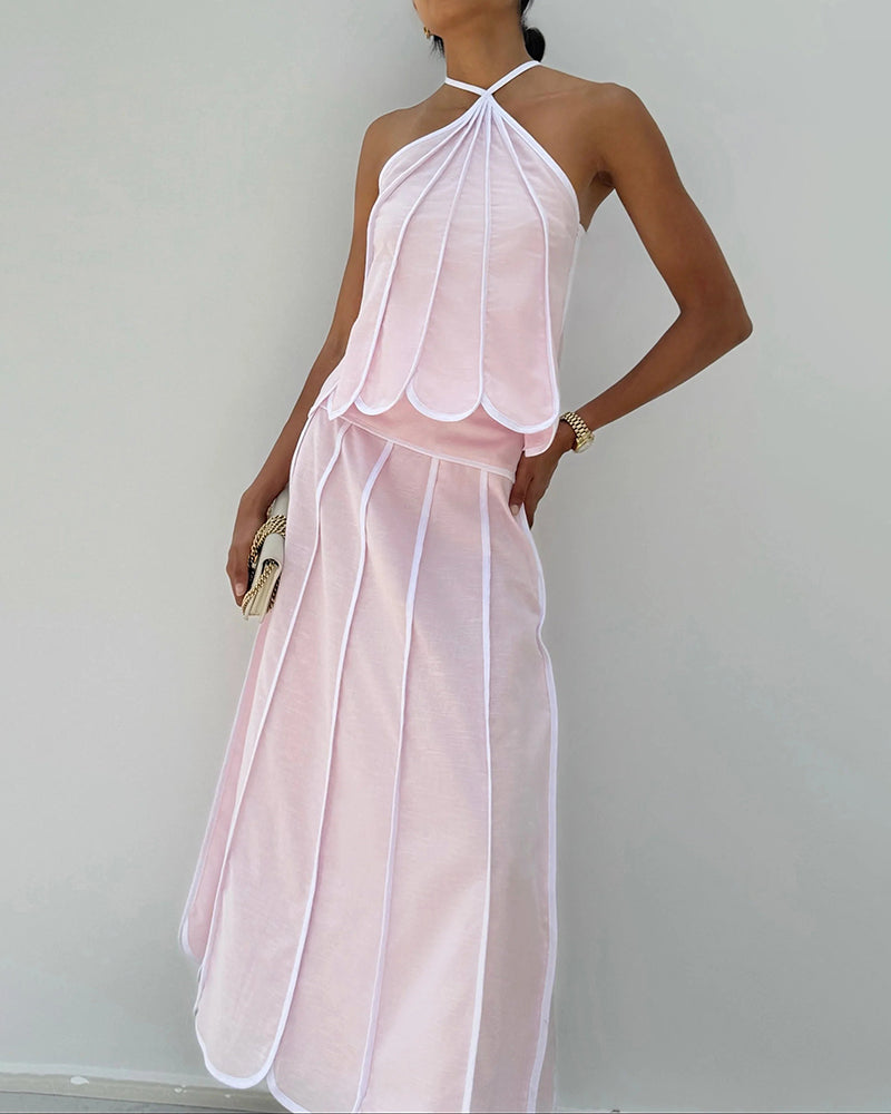 Nayeli Pink Scalloped Contrast-Trim Halter Two-Piece Maxi Skirt Set