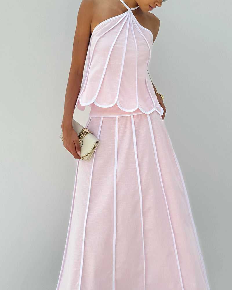 Nayeli Pink Scalloped Contrast-Trim Halter Two-Piece Maxi Skirt Set