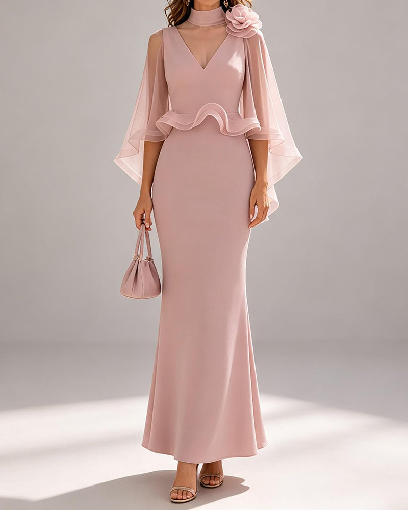 Thalia Pink Floral Chiffon Cape and Mermaid Gown Two-Piece Set