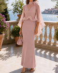 Thalia Pink Floral Chiffon Cape and Mermaid Gown Two-Piece Set