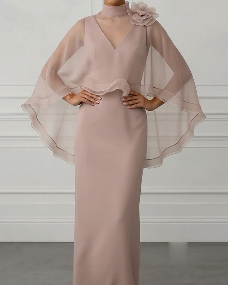 Thalia Pink Floral Chiffon Cape and Mermaid Gown Two-Piece Set