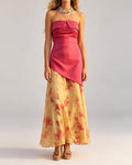 Rosamund Pink Asymmetrical Strapless Top and Printed Maxi Skirt Two-Piece Set