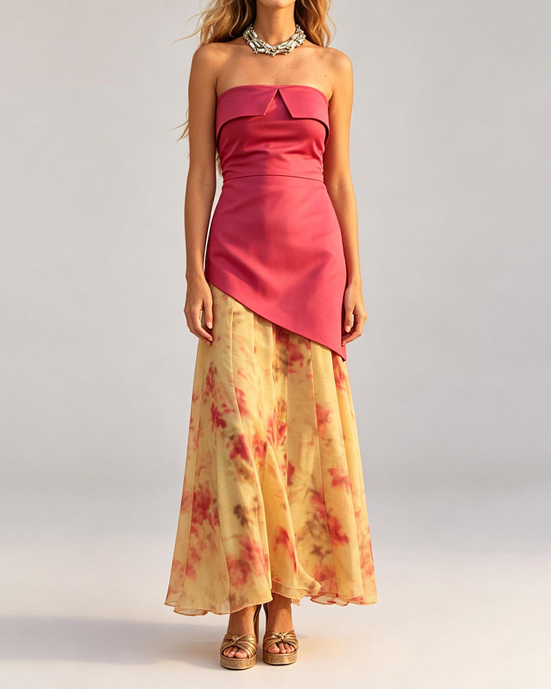 Rosamund Pink Asymmetrical Strapless Top and Printed Maxi Skirt Two-Piece Set