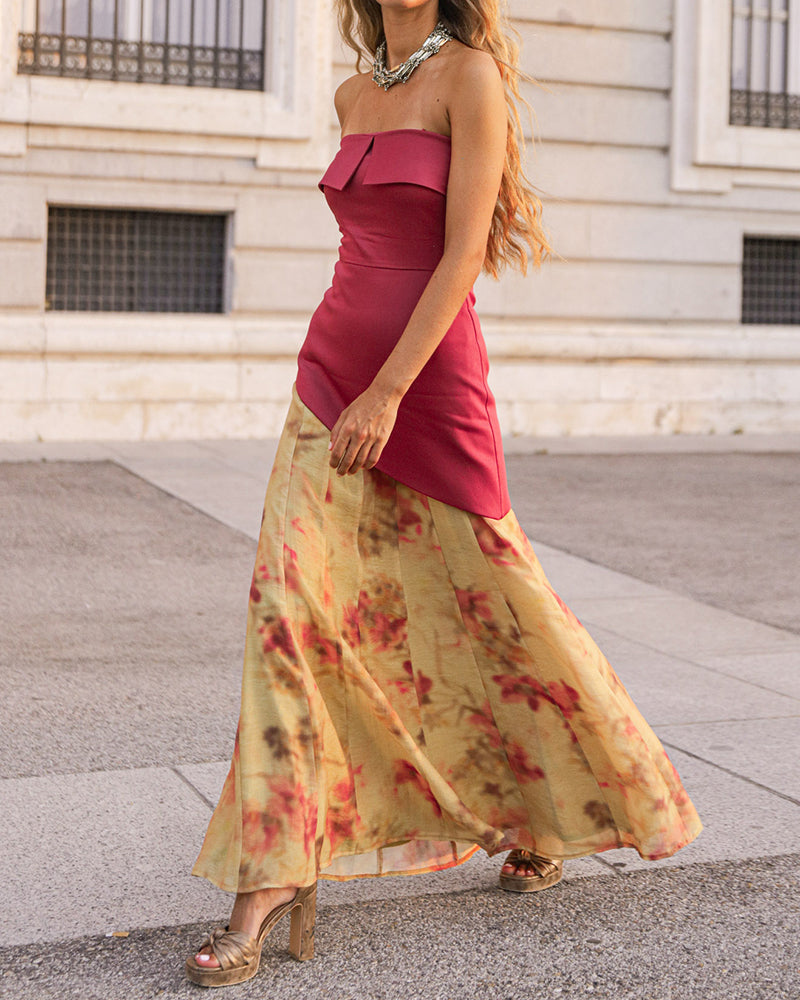 Rosamund Pink Asymmetrical Strapless Top and Printed Maxi Skirt Two-Piece Set