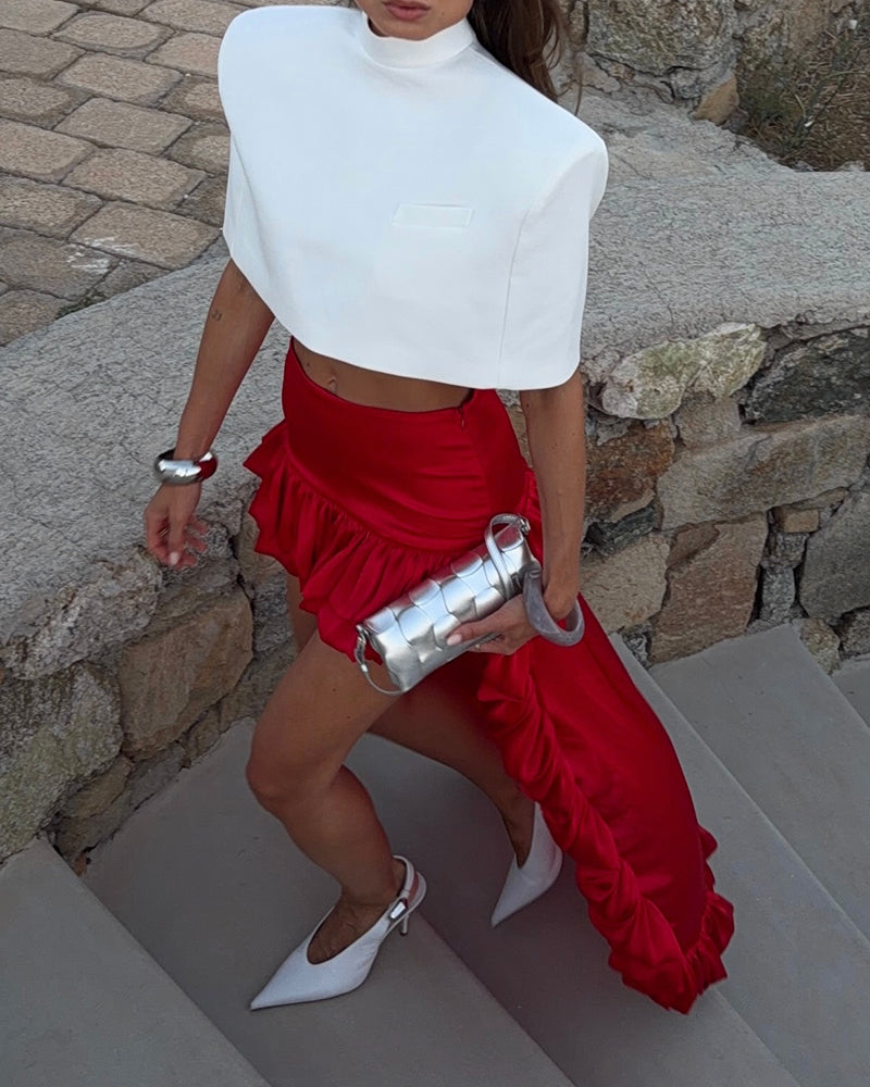 Thalia Red Structured Crop Top & Ruffled High-Low Skirt Two-Piece Set