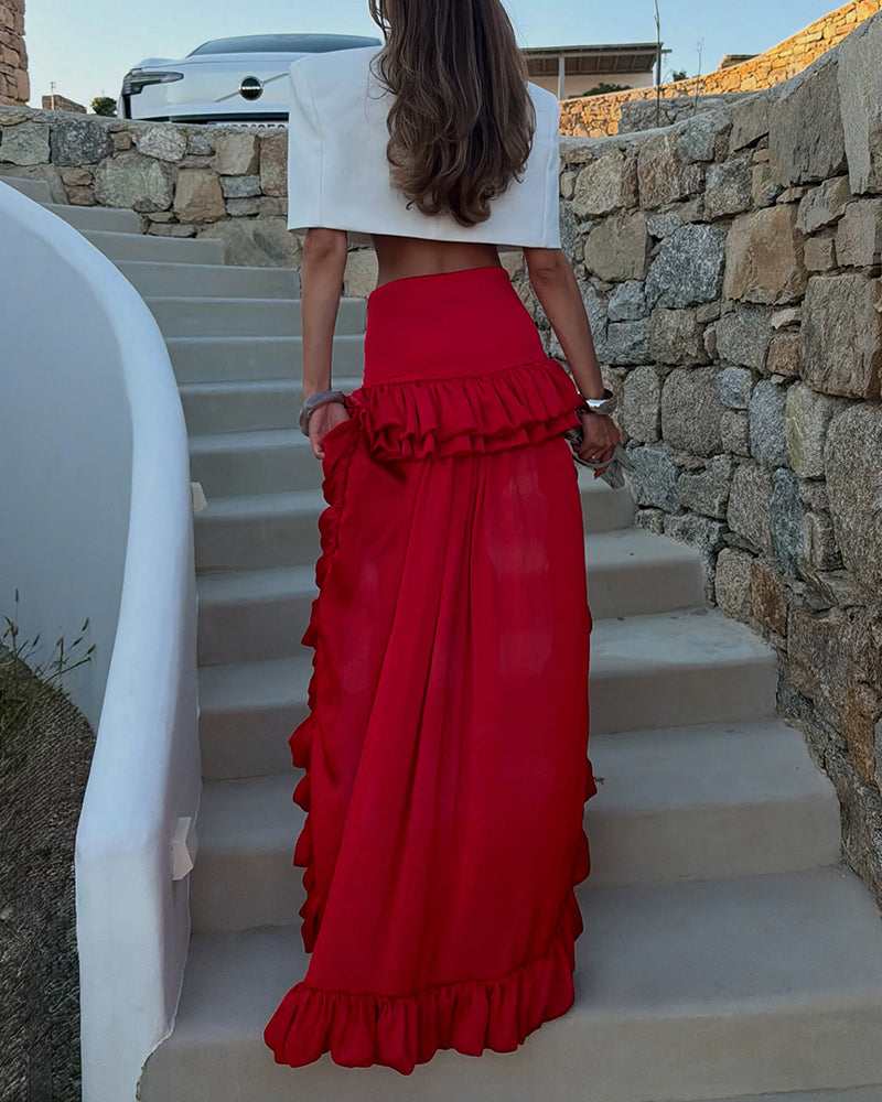 Thalia Red Structured Crop Top & Ruffled High-Low Skirt Two-Piece Set