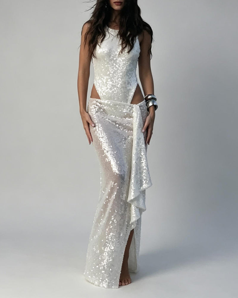 Vanessa White Sequin Bodysuit & Draped Maxi Skirt Set