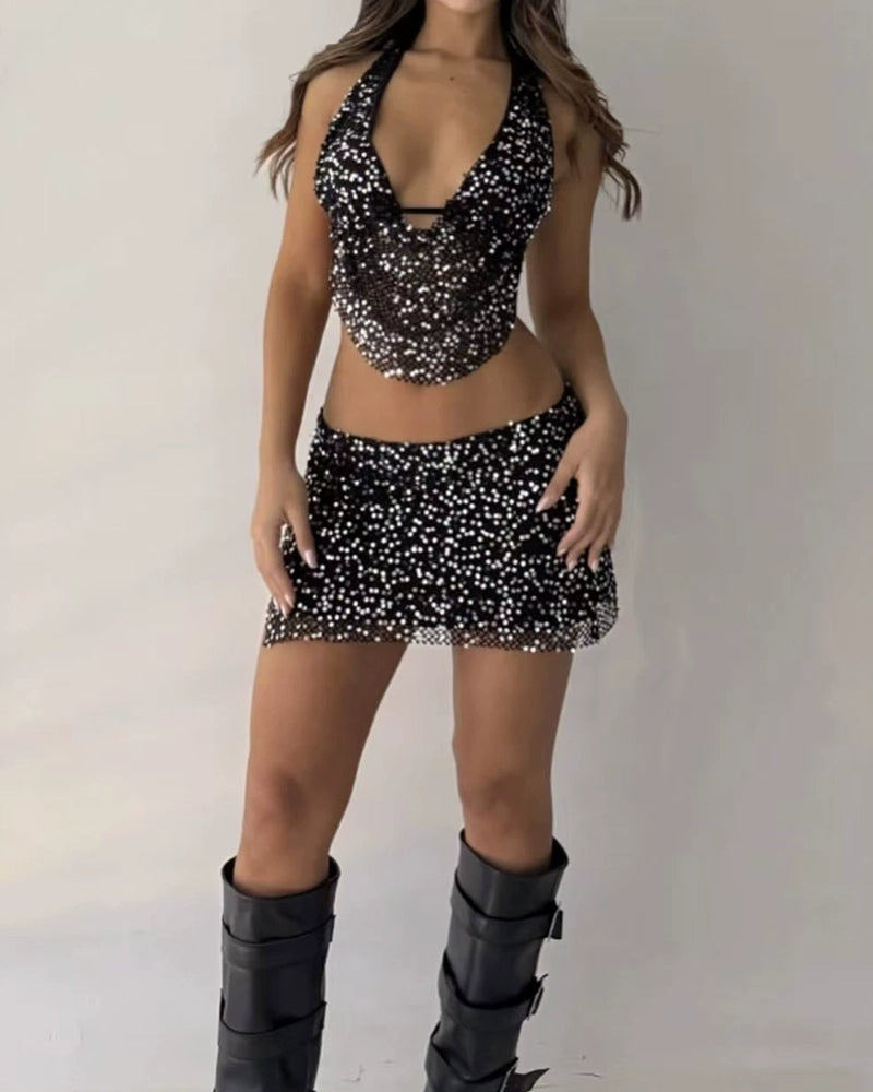 Vespera White Sequin Halter Top & Split Mini Skirt Set
