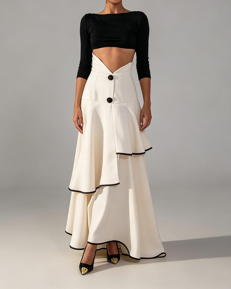 Mabel White Contrast Piping Tiered Two-Piece Maxi Skirt Set