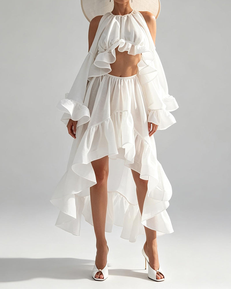 Yasmine White Cascading Ruffle High-Low Two-Piece Set