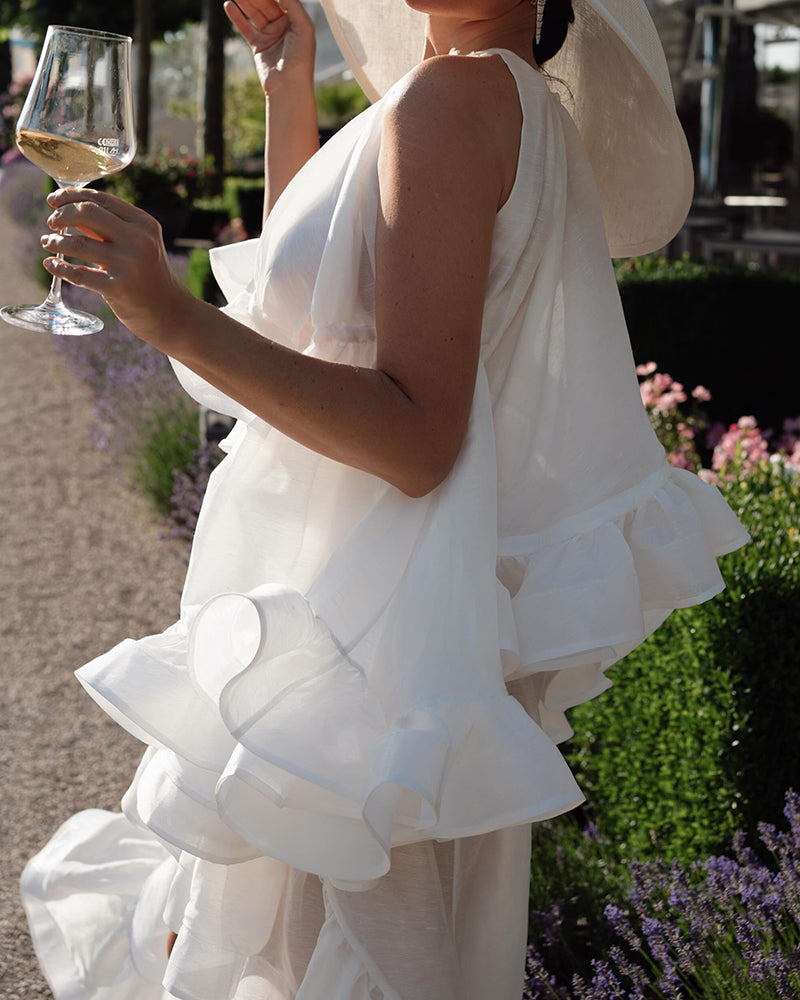 Yasmine White Cascading Ruffle High-Low Two-Piece Set