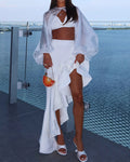 Eloisa White Sheer Balloon-Sleeve Shrug, Bralette & Ruffled Skirt Three-Piece Set