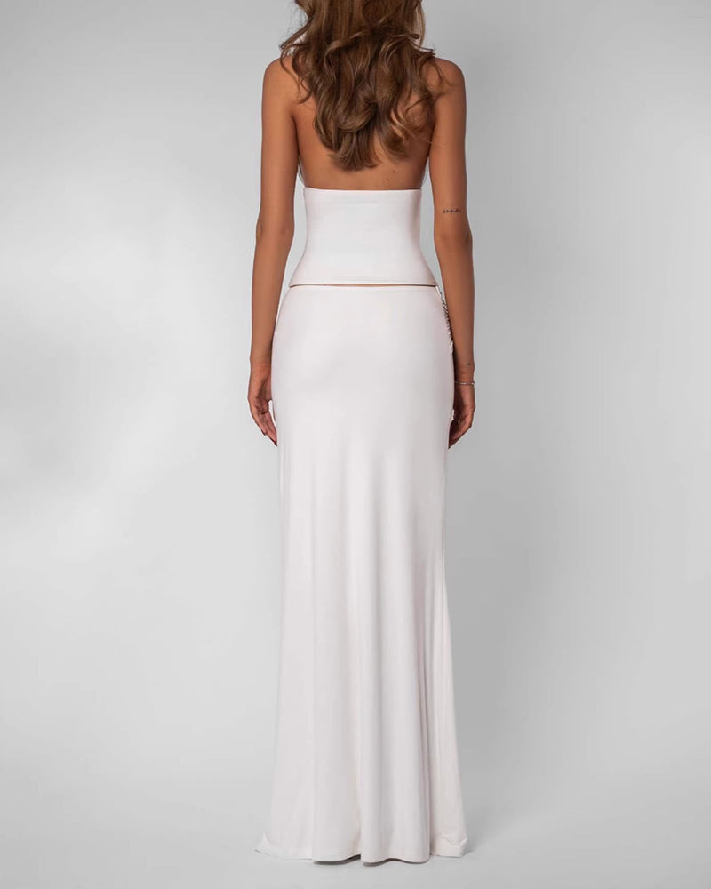 Nadira White Plunging Halter Top & Tied Maxi Skirt Two-Piece Set