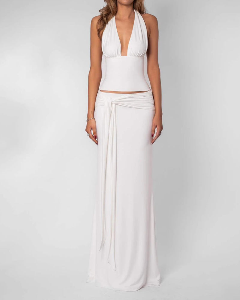 Nadira White Plunging Halter Top & Tied Maxi Skirt Two-Piece Set
