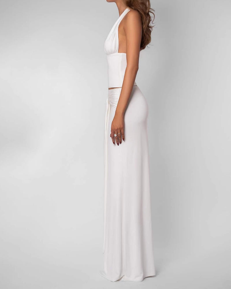 Nadira White Plunging Halter Top & Tied Maxi Skirt Two-Piece Set