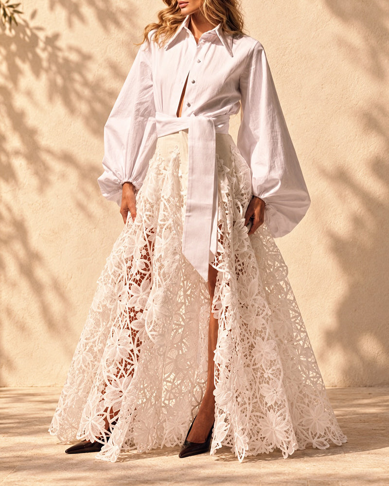 Seraphine White Shirt & 3D Floral Lace Maxi Skirt Two-Piece Set