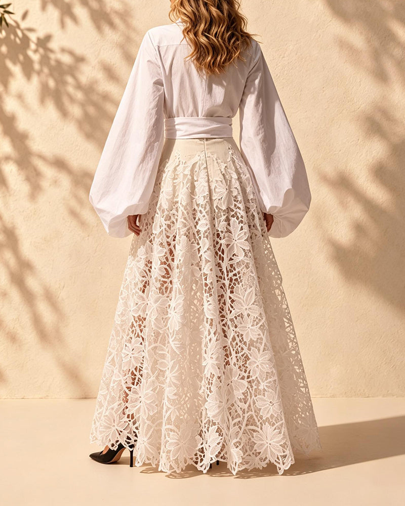 Seraphine White Shirt & 3D Floral Lace Maxi Skirt Two-Piece Set