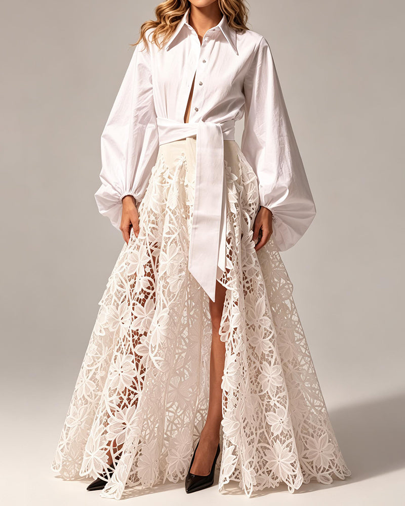Seraphine White Shirt & 3D Floral Lace Maxi Skirt Two-Piece Set