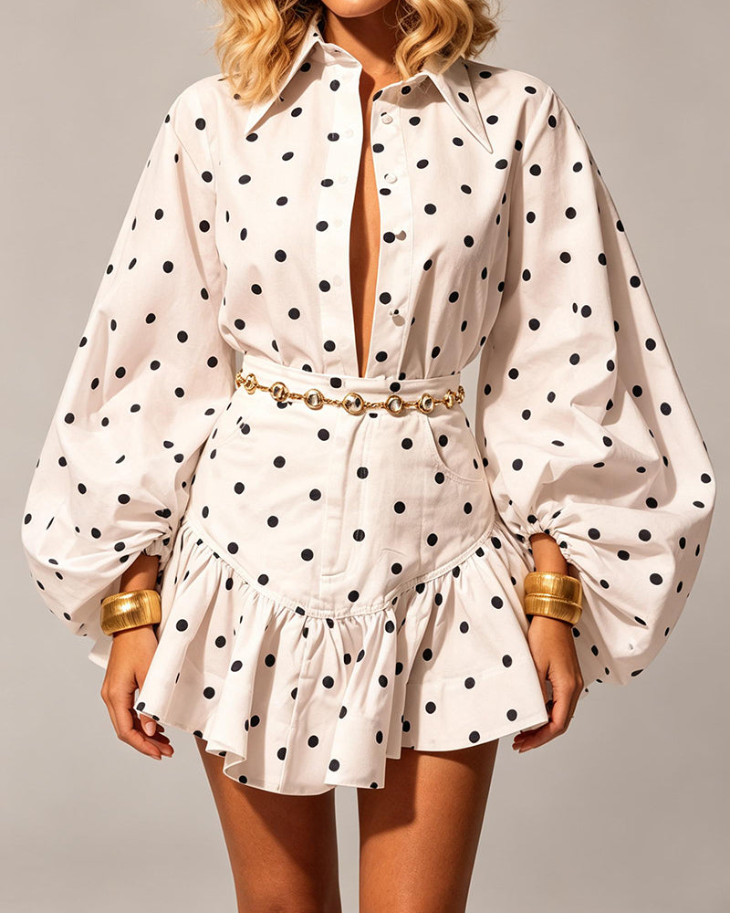 Vanessa White Polka Dot Balloon Sleeve Shirt & Ruffled Mini Skirt Two-Piece Set