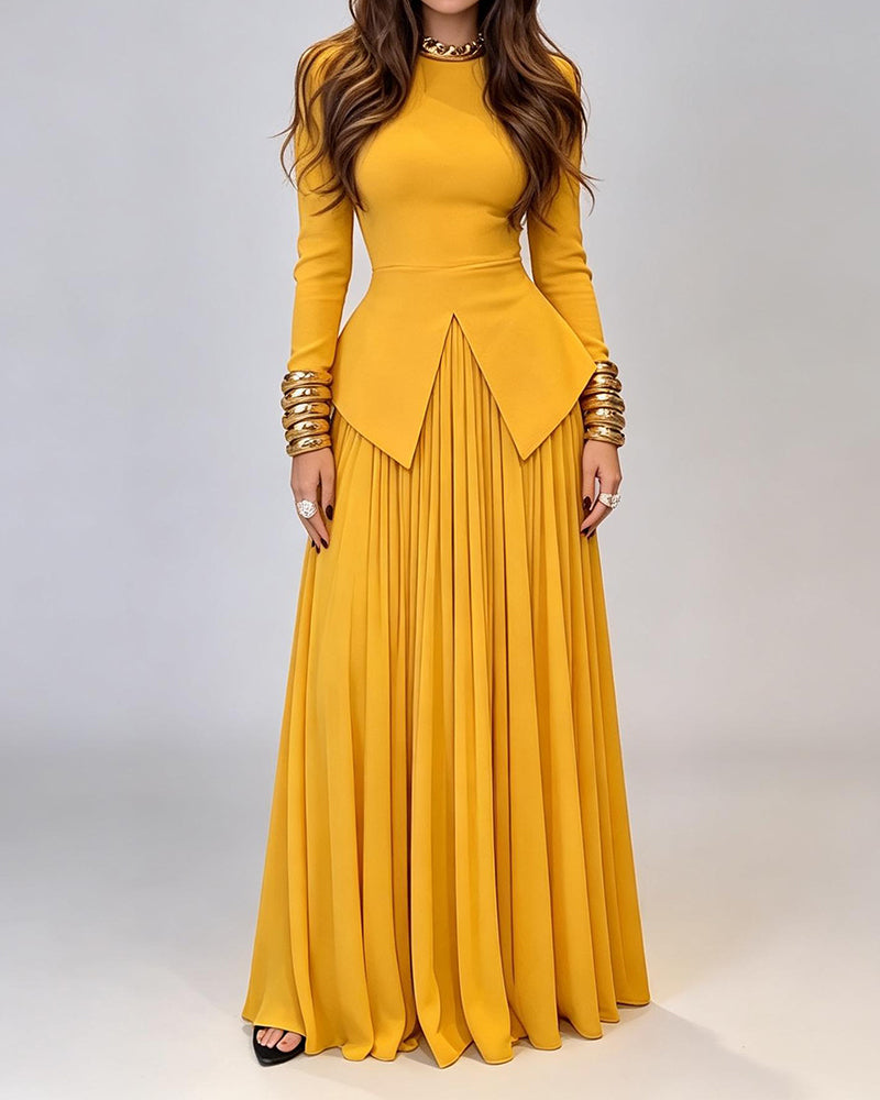 Milana Yellow Long-Sleeve Peplum Top & Pleated Maxi Skirt Two-Piece Set