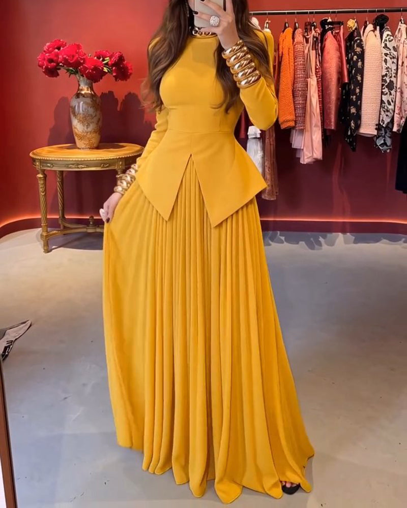 Milana Yellow Long-Sleeve Peplum Top & Pleated Maxi Skirt Two-Piece Set